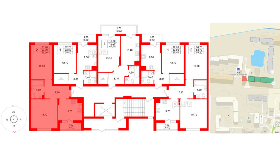 Квартира в ЖК Левада, 2 комнатная, 53.7 м², 1 этаж