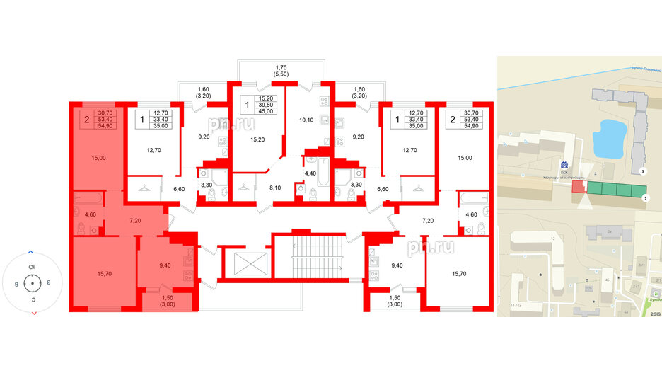 Квартира в ЖК Левада, 2 комнатная, 53.4 м², 4 этаж