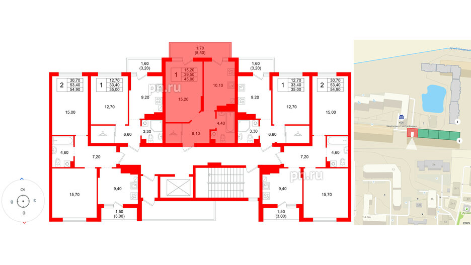 Квартира в ЖК Левада, 1 комнатная, 39.5 м², 2 этаж
