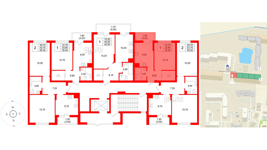 Квартира в ЖК Левада, 1 комнатная, 33.8 м², 1 этаж