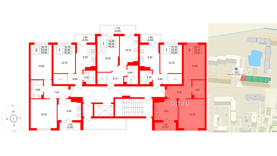 Квартира в ЖК Левада, 2 комнатная, 53.4 м², 7 этаж