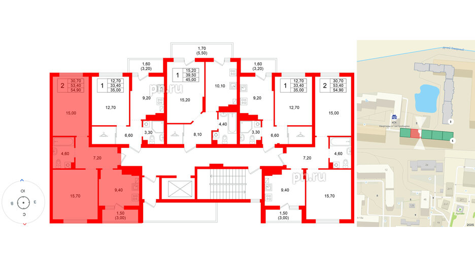 Квартира в ЖК Левада, 2 комнатная, 53.4 м², 9 этаж