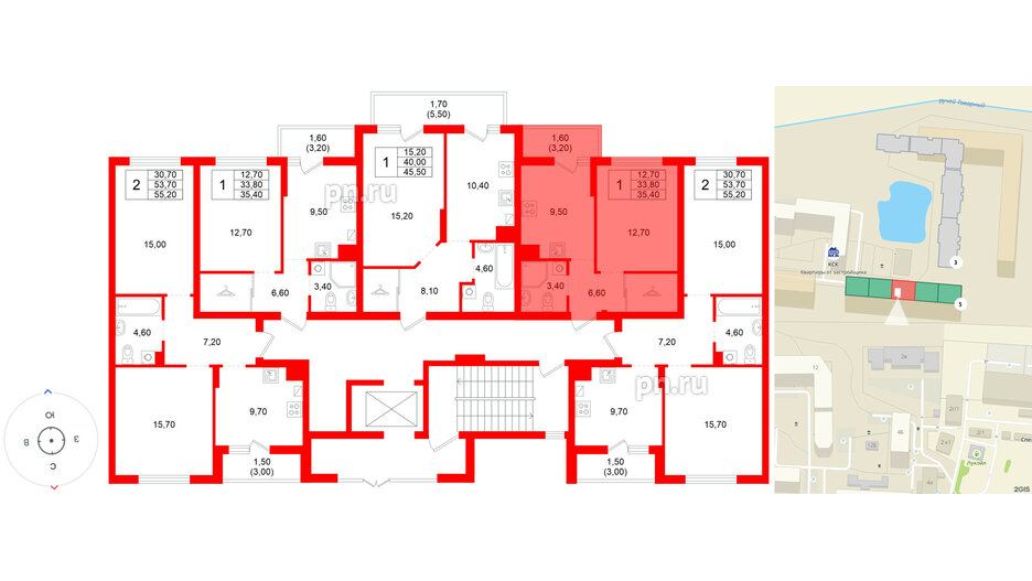 Квартира в ЖК Левада, 1 комнатная, 33.8 м², 1 этаж