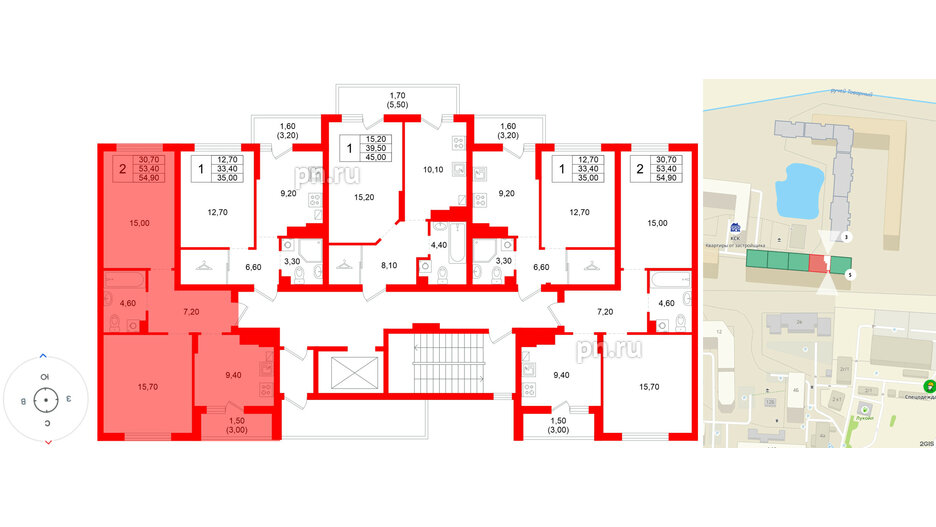 Квартира в ЖК Левада, 2 комнатная, 53.4 м², 9 этаж