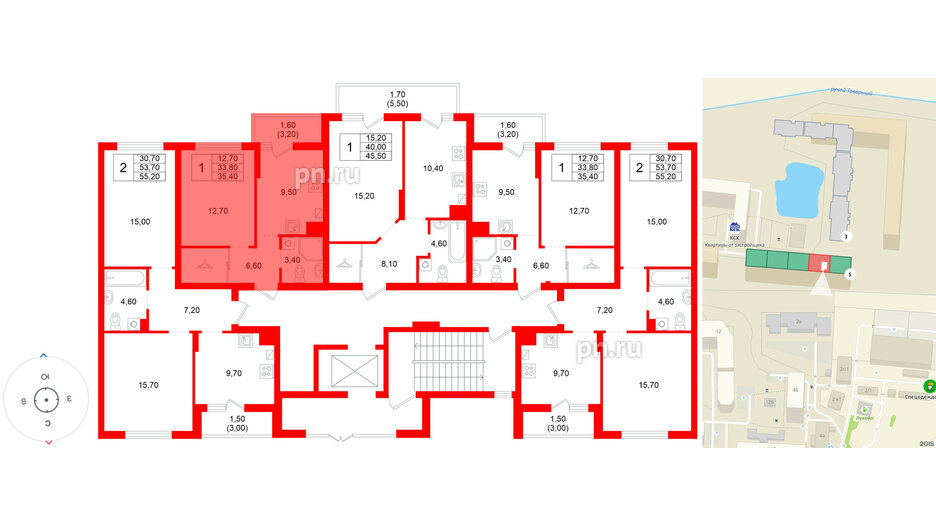 Квартира в ЖК Левада, 1 комнатная, 33.8 м², 1 этаж