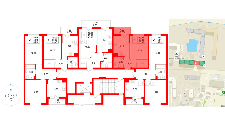 Квартира в ЖК Левада, 1 комнатная, 33.8 м², 1 этаж