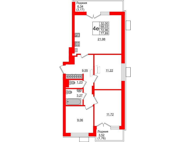 Квартира в ЖК Lake City-6, 3 комнатная, 72.96 м², 1 этаж