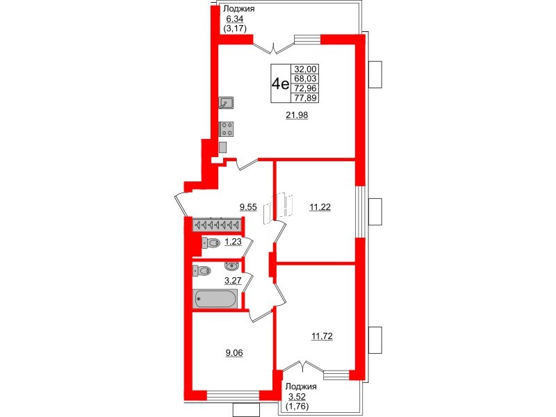 Квартира в ЖК Lake City-6, 3 комнатная, 72.96 м², 3 этаж