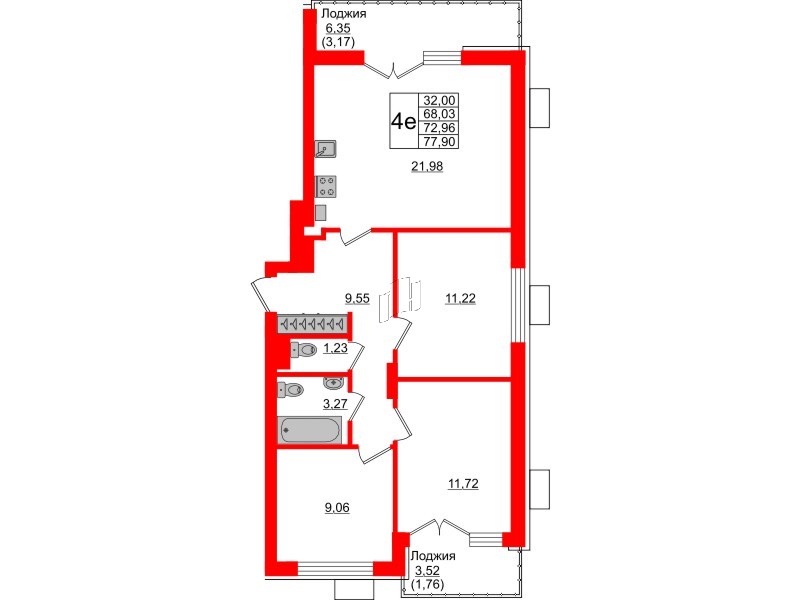 Квартира в ЖК Lake City-6, 3 комнатная, 72.96 м², 5 этаж