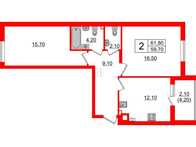 Квартира в ЖК «River Park», 2 комнатная, 61.8 м², 1 этаж