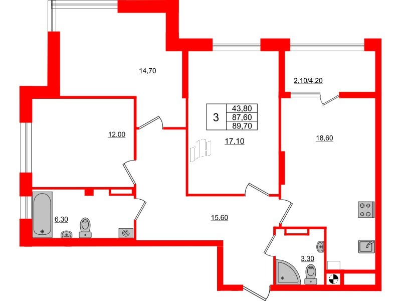 Квартира в ЖК «Альпы», 3 комнатная, 89.7 м², 5 этаж