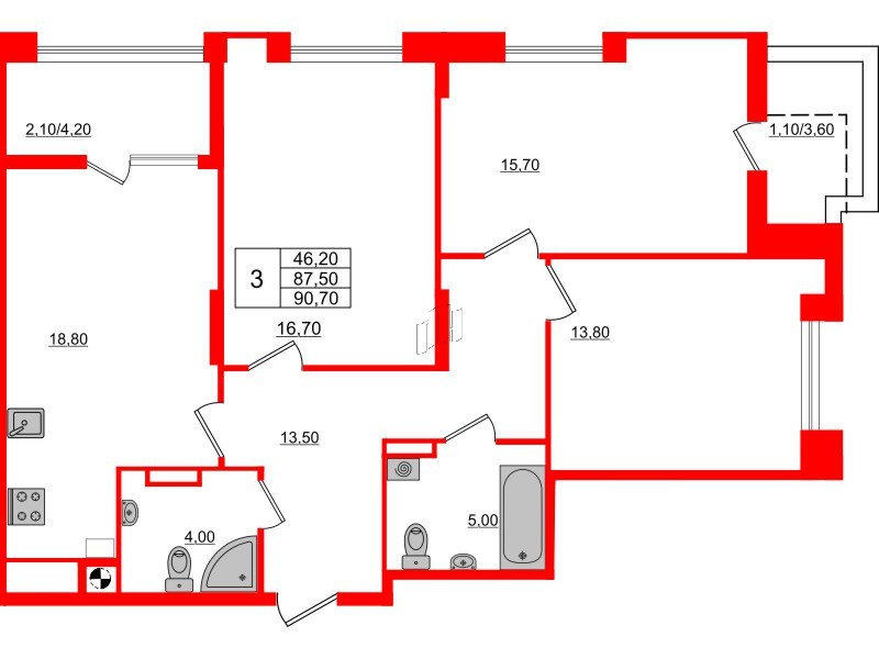 Квартира в ЖК «Альпы», 3 комнатная, 90.7 м², 8 этаж
