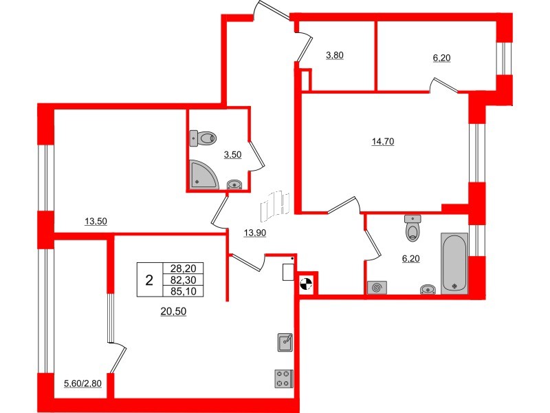 Квартира в ЖК «Альпы», 2 комнатная, 85.1 м², 1 этаж