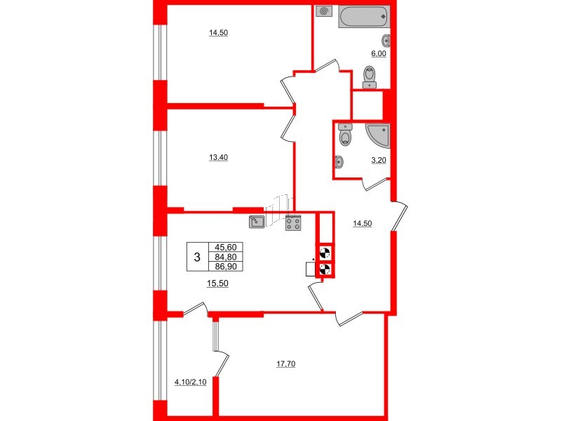Квартира в ЖК «Альпы», 3 комнатная, 86.9 м², 13 этаж