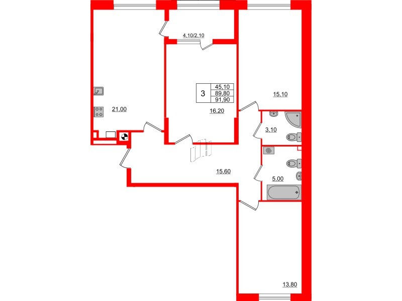 Квартира в ЖК «Альпы», 3 комнатная, 91.9 м², 2 этаж