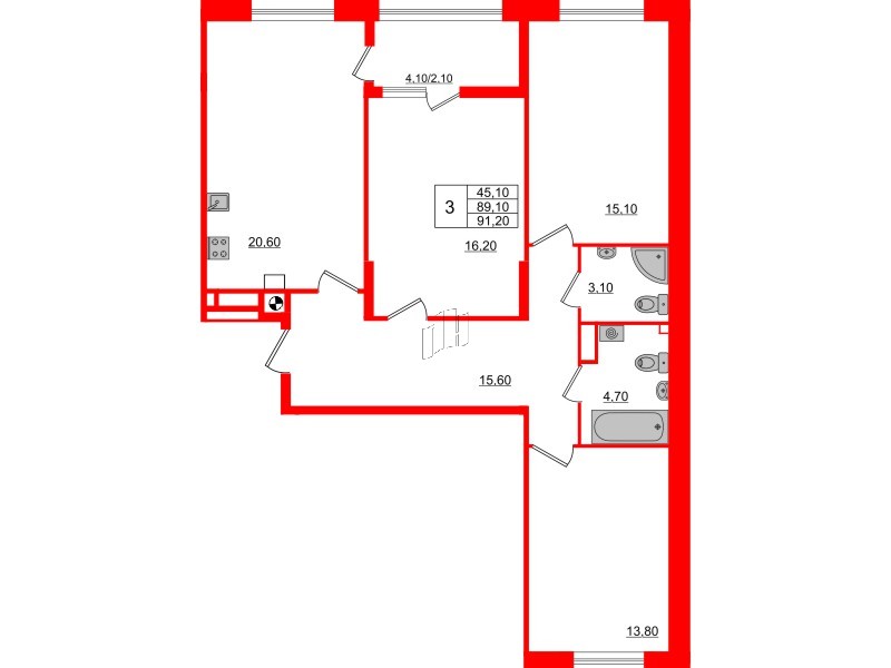 Квартира в ЖК «Альпы», 3 комнатная, 91.2 м², 3 этаж