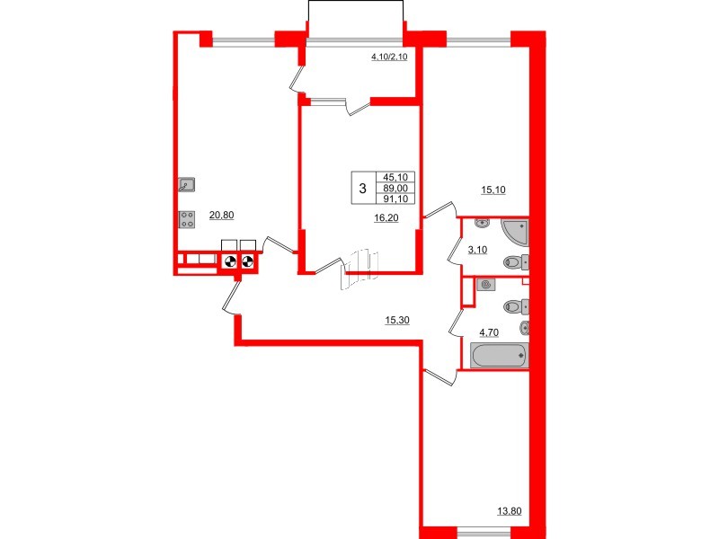 Квартира в ЖК «Альпы», 3 комнатная, 91.1 м², 9 этаж