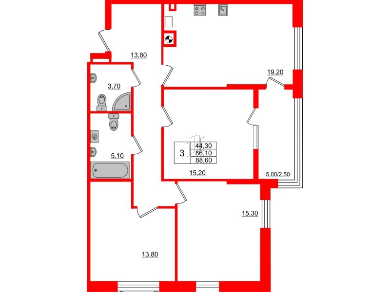 Квартира в ЖК «Альпы», 3 комнатная, 88.6 м², 2 этаж