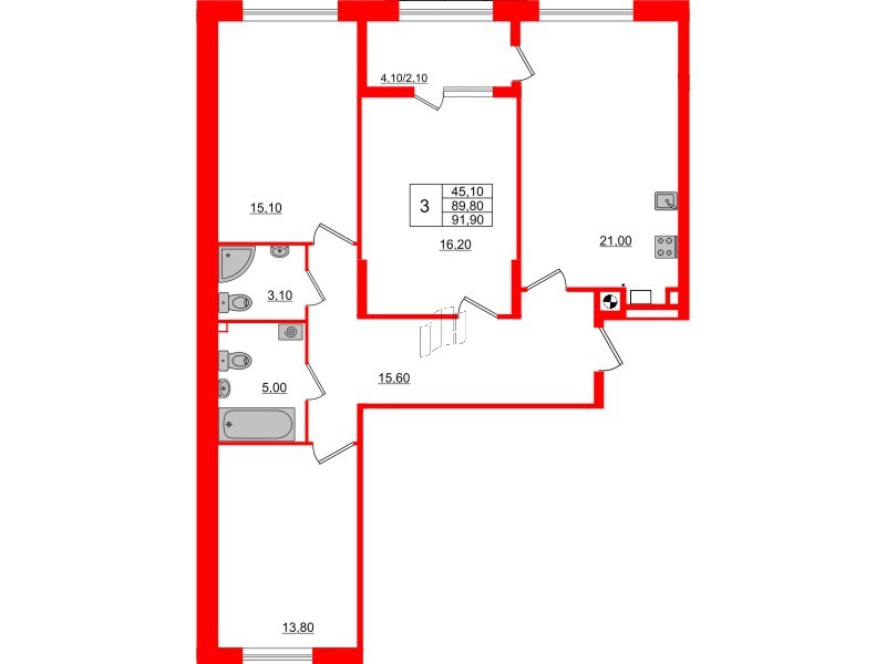 Квартира в ЖК «Альпы», 3 комнатная, 91.9 м², 2 этаж
