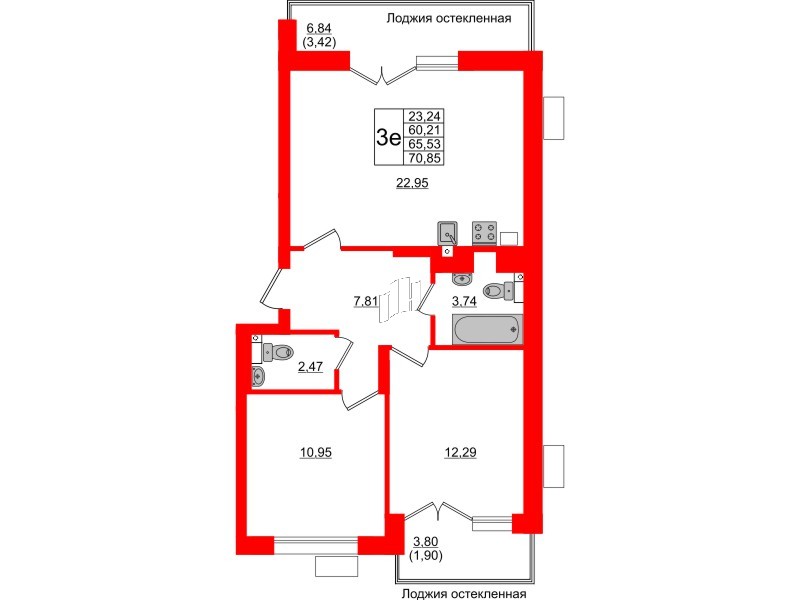 Квартира в ЖК Lake City-10, 2 комнатная, 65.53 м², 1 этаж