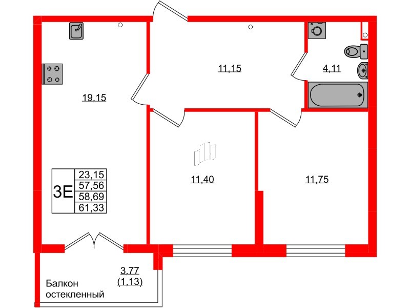 Квартира в ЖК «Консул», 2 комнатная, 58.41 м², 1 этаж
