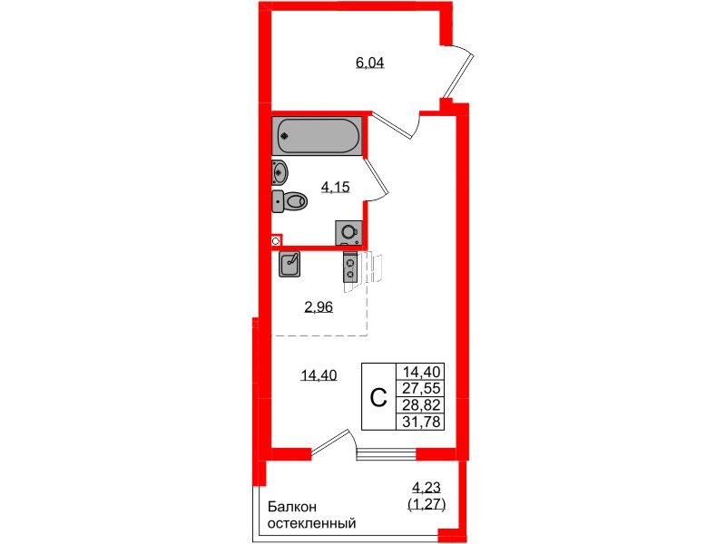 Квартира в ЖК «Консул», студия, 28.82 м², 1 этаж