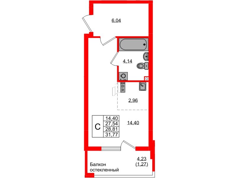Квартира в ЖК «Консул», студия, 28.81 м², 1 этаж