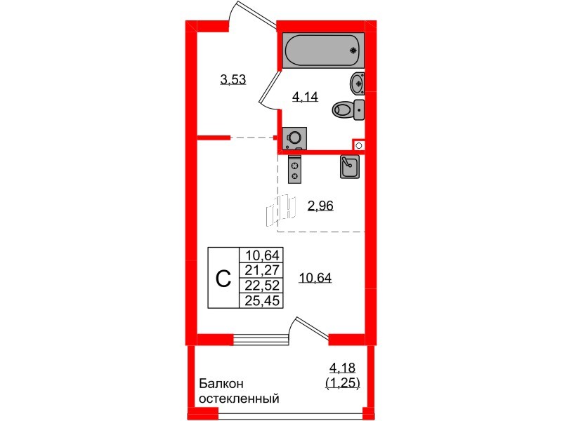 Квартира в ЖК «Консул», 1 комнатная, 22.52 м², 1 этаж