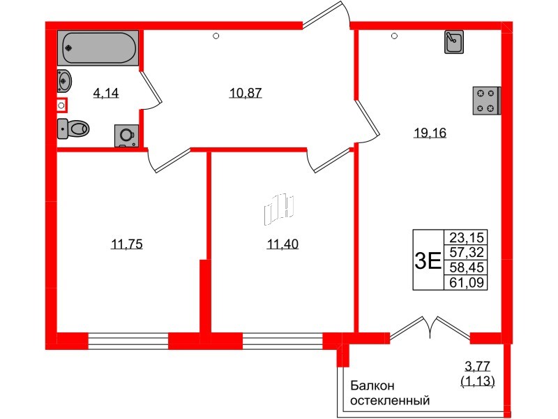 Квартира в ЖК «Консул», 2 комнатная, 58.45 м², 1 этаж