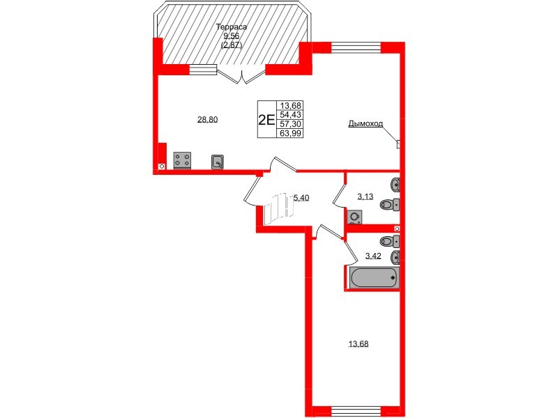 Квартира в ЖК «Консул», 1 комнатная, 57.3 м², 9 этаж