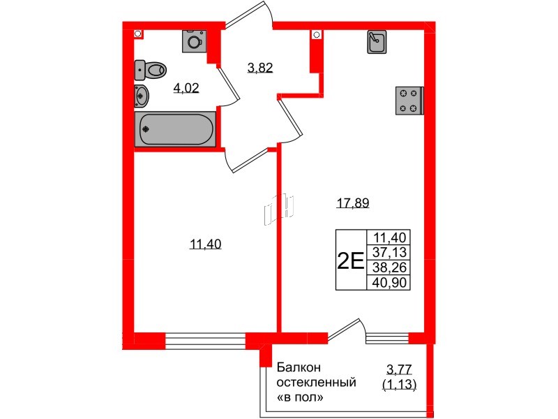 Квартира в ЖК «Консул», 1 комнатная, 38.26 м², 9 этаж