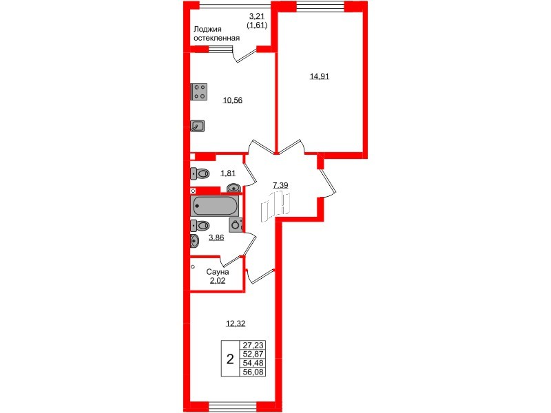 Квартира в ЖК «Консул», 2 комнатная, 54.48 м², 3 этаж