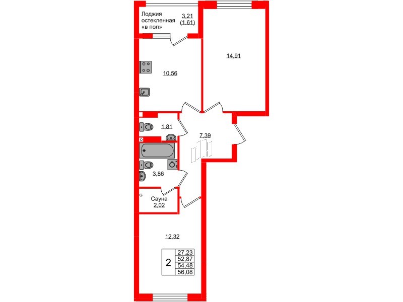 Квартира в ЖК «Консул», 2 комнатная, 54.48 м², 8 этаж