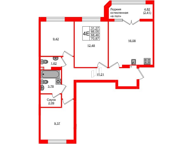 Квартира в ЖК «Консул», 3 комнатная, 68.46 м², 7 этаж