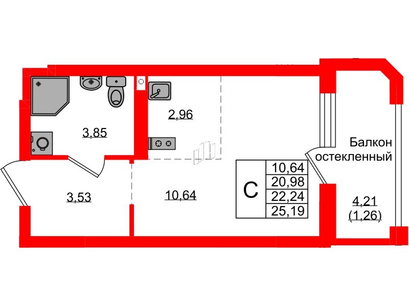 Квартира в ЖК «Консул», студия, 22.24 м², 8 этаж