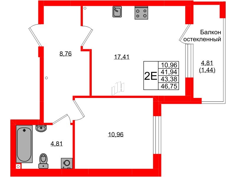 Квартира в ЖК «Консул», 1 комнатная, 43.38 м², 1 этаж