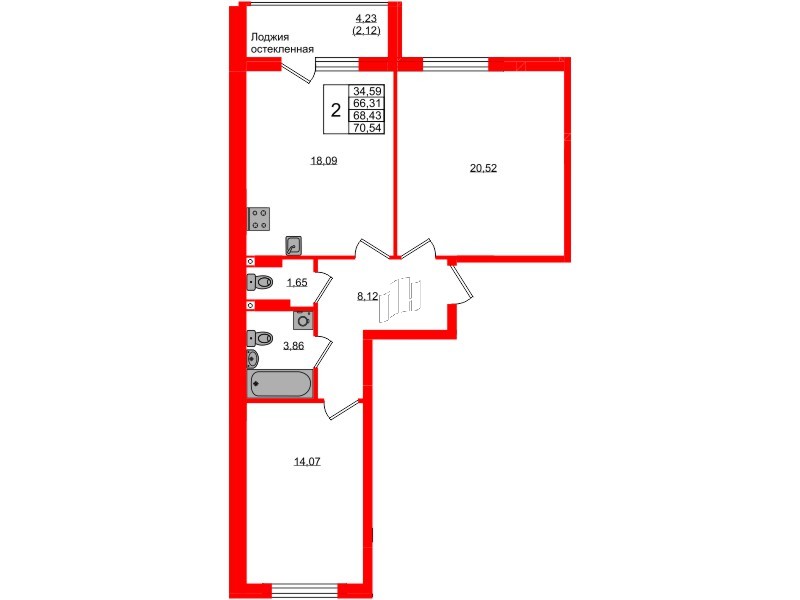 Квартира в ЖК «Консул», 2 комнатная, 68.43 м², 3 этаж