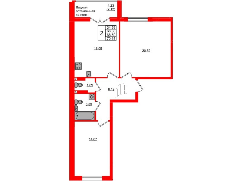 Квартира в ЖК «Консул», 2 комнатная, 68.5 м², 7 этаж