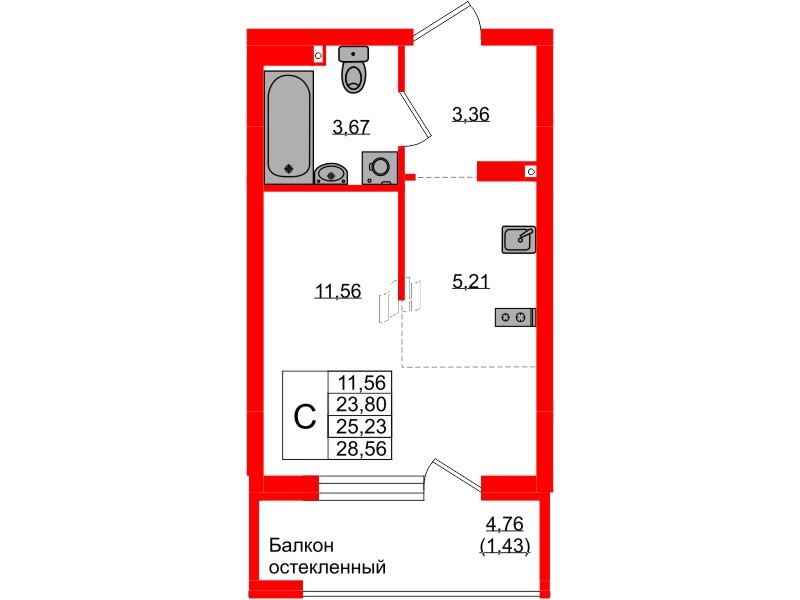 Квартира в ЖК «Консул», студия, 25.23 м², 2 этаж