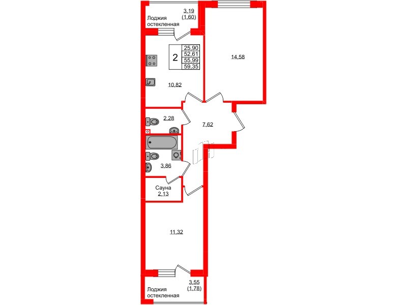 Квартира в ЖК «Консул», 2 комнатная, 55.99 м², 1 этаж