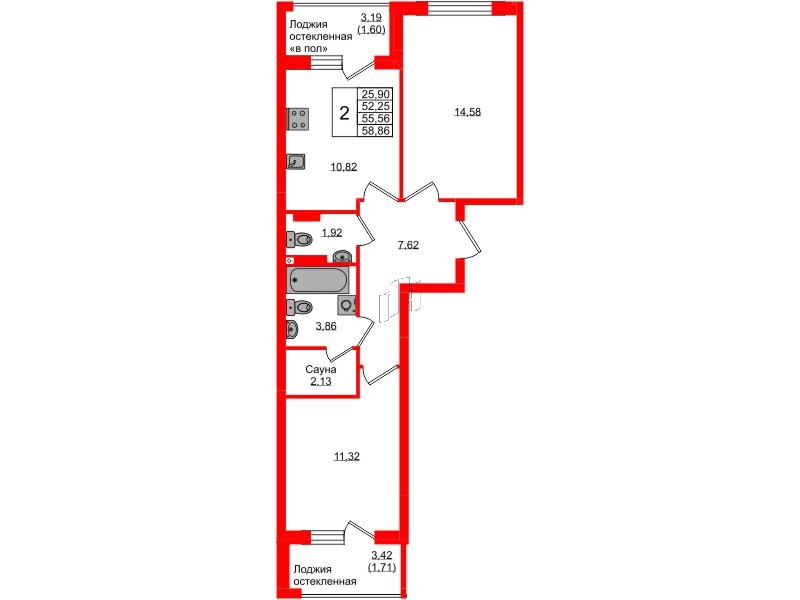 Квартира в ЖК «Консул», 2 комнатная, 55.56 м², 4 этаж