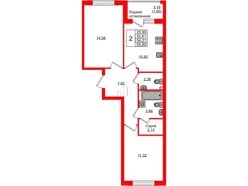 Квартира в ЖК «Консул», 2 комнатная, 54.21 м², 1 этаж