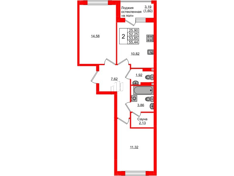 Квартира в ЖК «Консул», 2 комнатная, 53.85 м², 4 этаж