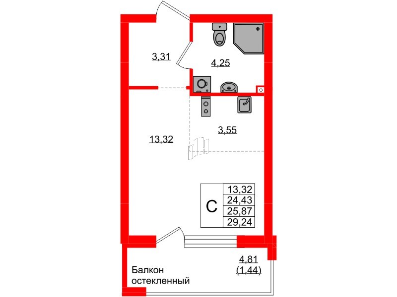 Квартира в ЖК «Консул», студия, 25.87 м², 1 этаж