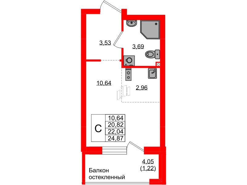Квартира в ЖК «Консул», студия, 22.04 м², 1 этаж