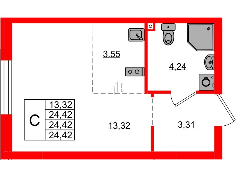 Квартира в ЖК «Консул», студия, 24.42 м², 1 этаж