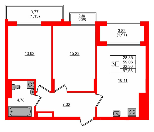 Квартира в ЖК «АЭРО», 2 комнатная, 62.36 м², 7 этаж