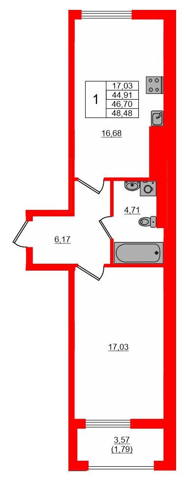 Квартира в ЖК «АЭРО», 1 комнатная, 46.7 м², 7 этаж