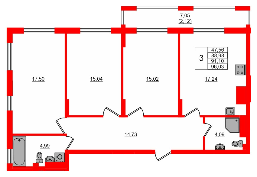 Квартира в ЖК «АЭРО», 3 комнатная, 91.1 м², 3 этаж