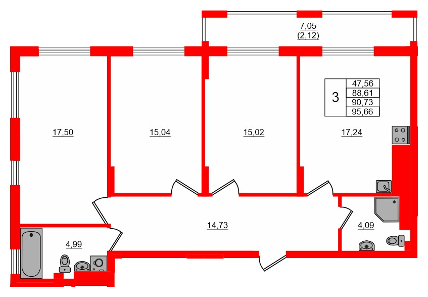 Квартира в ЖК «АЭРО», 3 комнатная, 90.73 м², 5 этаж